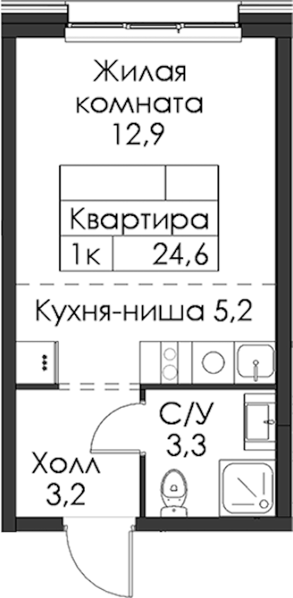 Квартира студия 24.6 м², 2/8 эт., ЖК «Шкиперский 19»